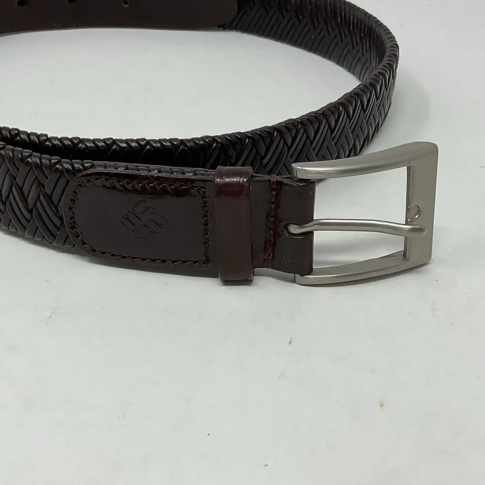 Columbia Sporting Goods Brown Leather Belt Mens 38/95 Laced Braid Pewter Buckle‎